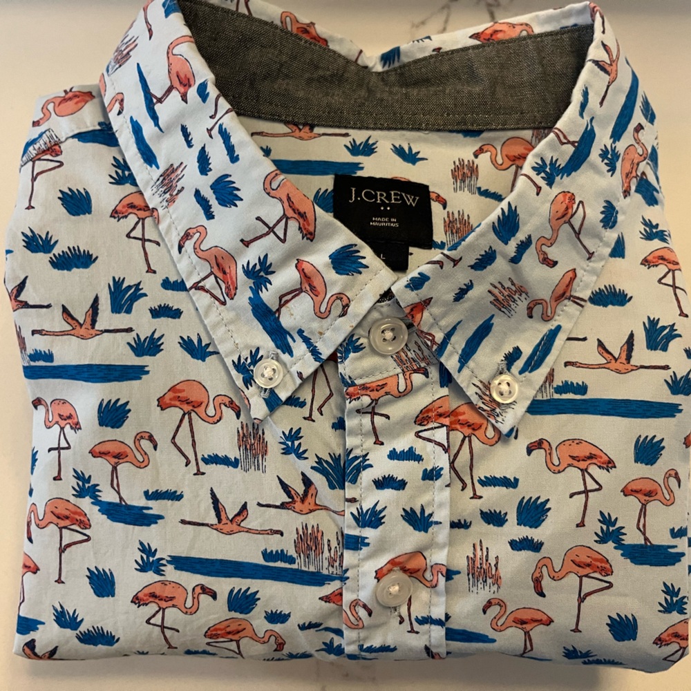J. Crew Flamingo Patterned Shirt in Blue and Pink